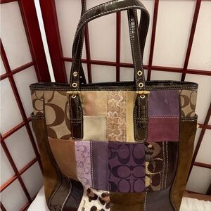 Coach Y2K Vintage Patchwork Signature Tall Tote in Brown and Purple Tones